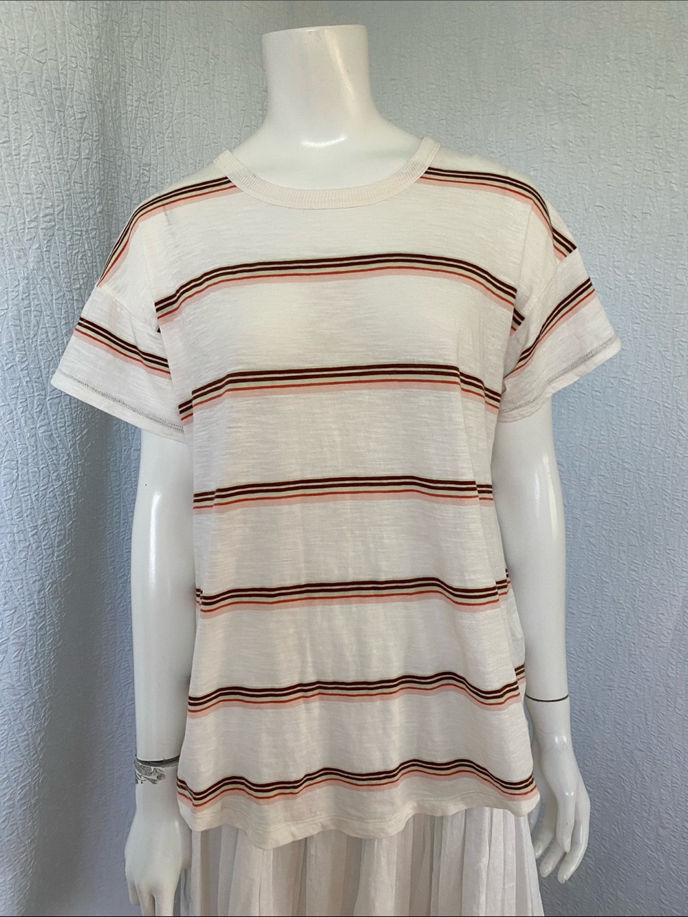 Madewell Off White Tee with Brown Green and Pink Stripes